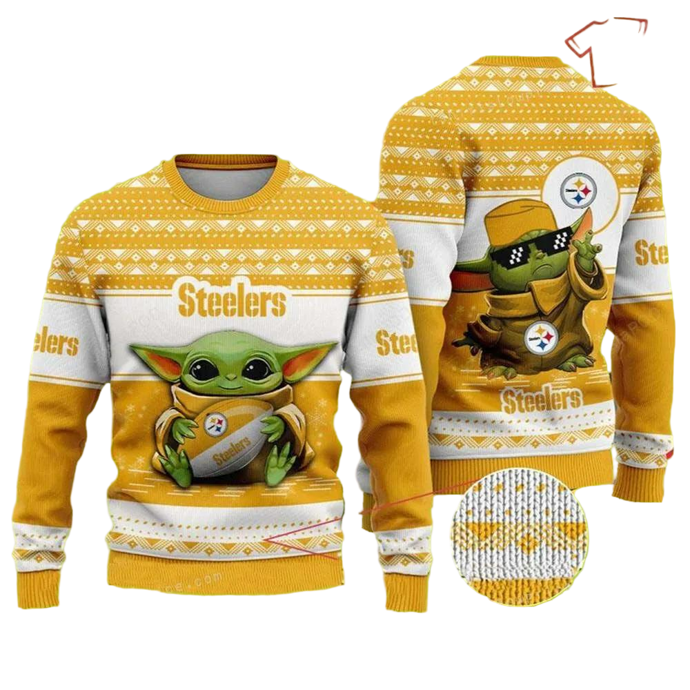 Yellow/White Baby Yoda Holiday Christmas Sweater - Image 2